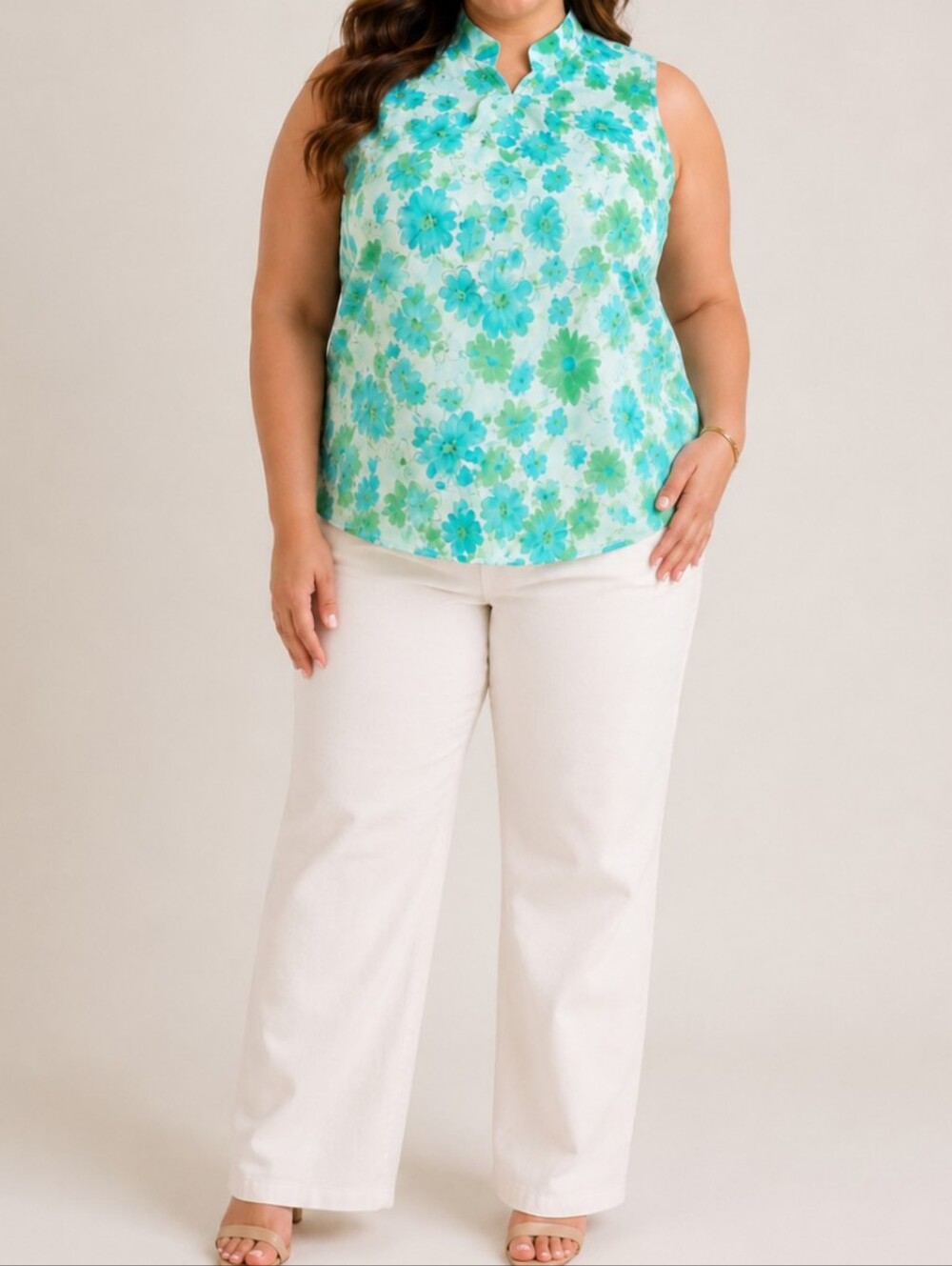 Green Floral Mock Neck Sleeveless Blue 90s Vibes Chinese Top 16W